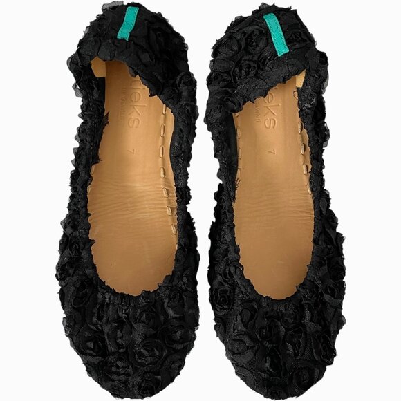 Tieks Black Rose Flats 7 Limited Edition Ballet Shoes Black Floral - Picture 1 of 8